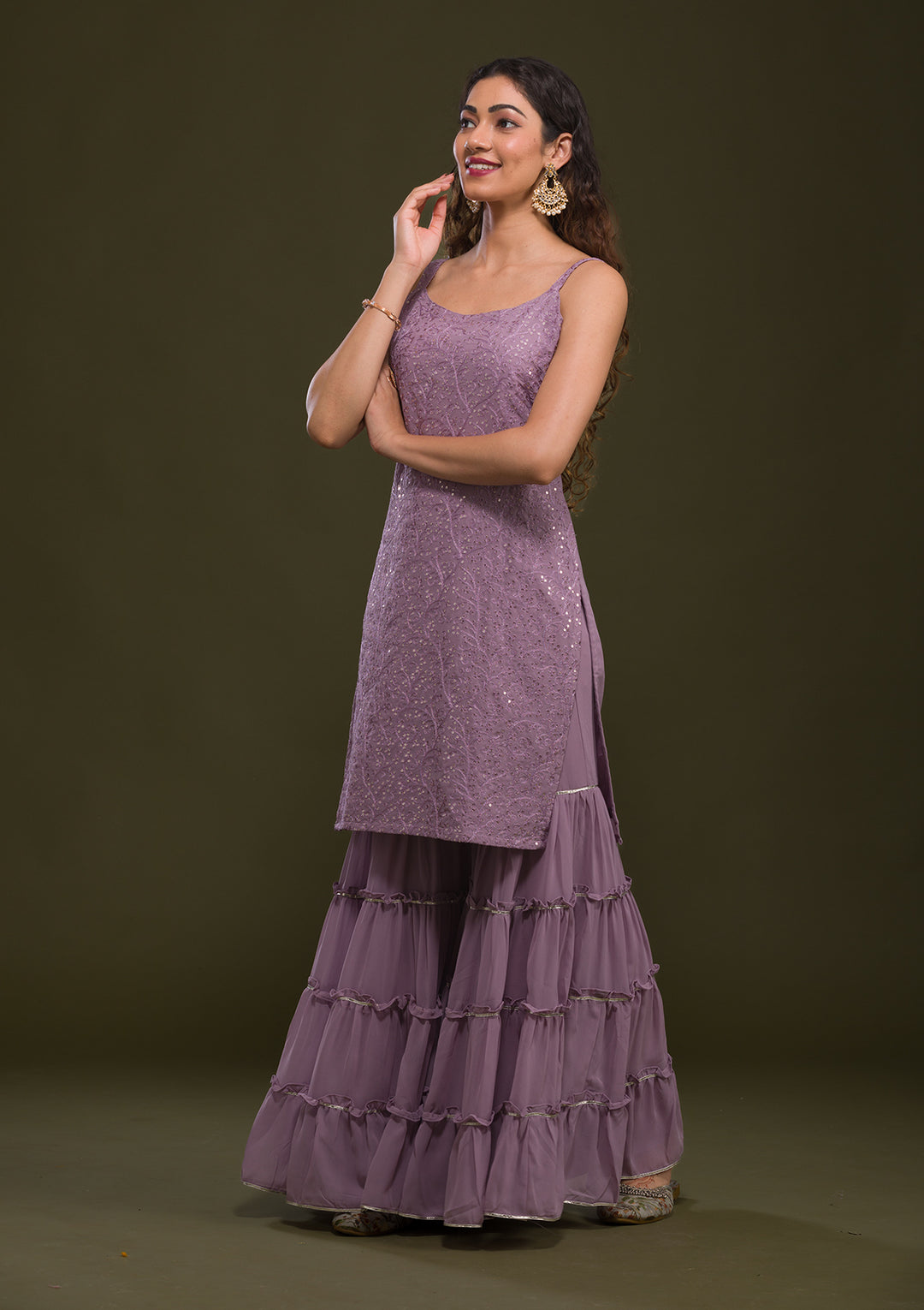 Mauve Threadwork Georgette Readymade Salwar Suit-Koskii