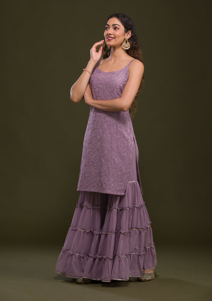 Mauve Threadwork Georgette Readymade Salwar Suit-Koskii