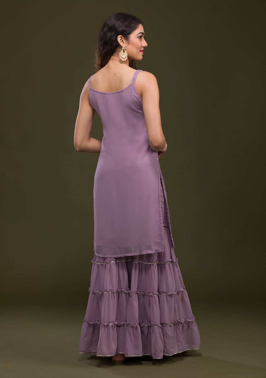 Mauve Threadwork Georgette Readymade Salwar Suit-Koskii