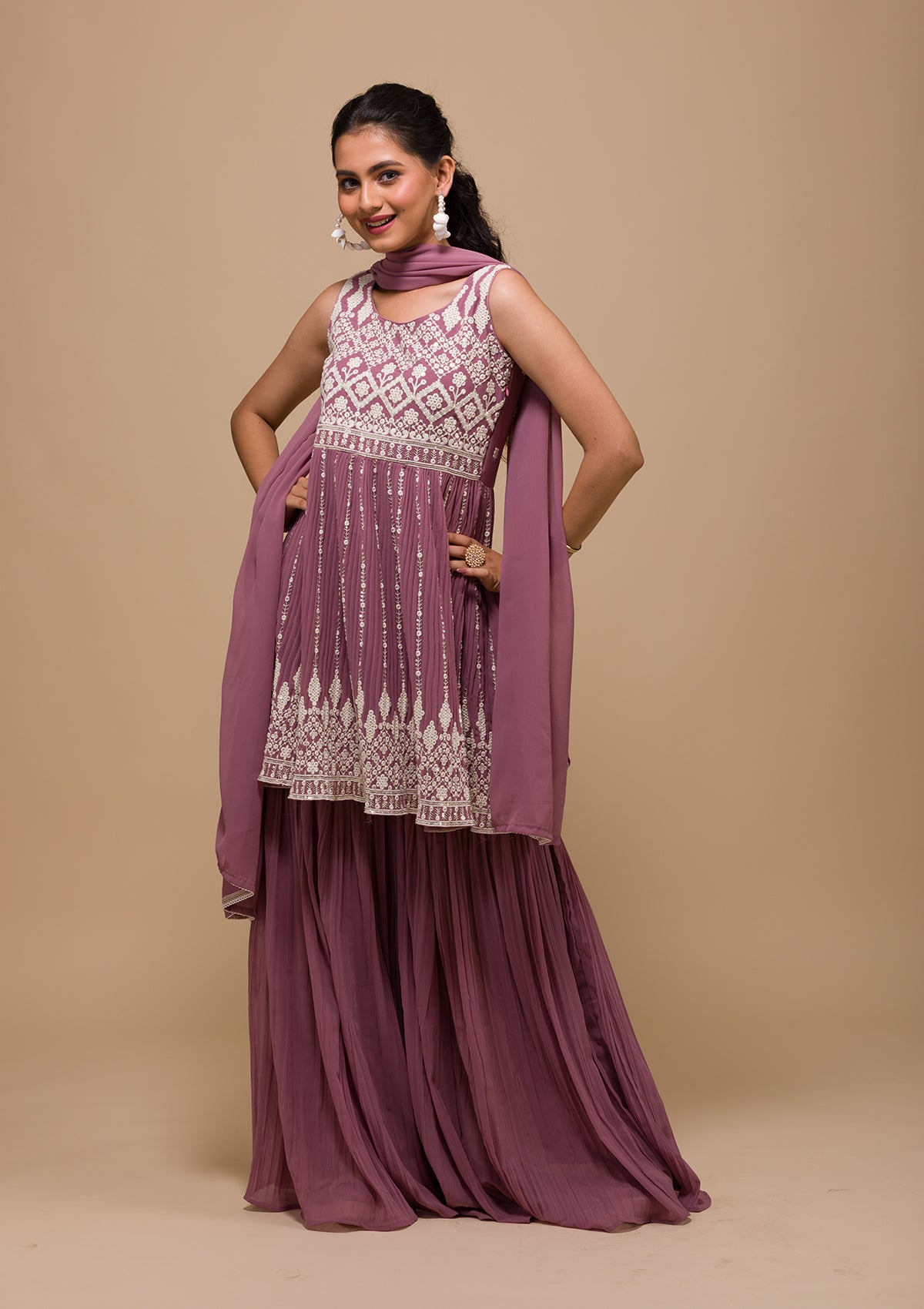 Mauve Threadwork Georgette Readymade Salwar Suit-Koskii