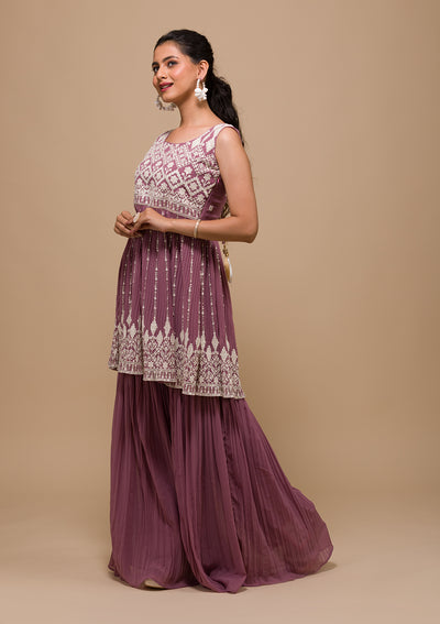 Mauve Threadwork Georgette Readymade Salwar Suit-Koskii