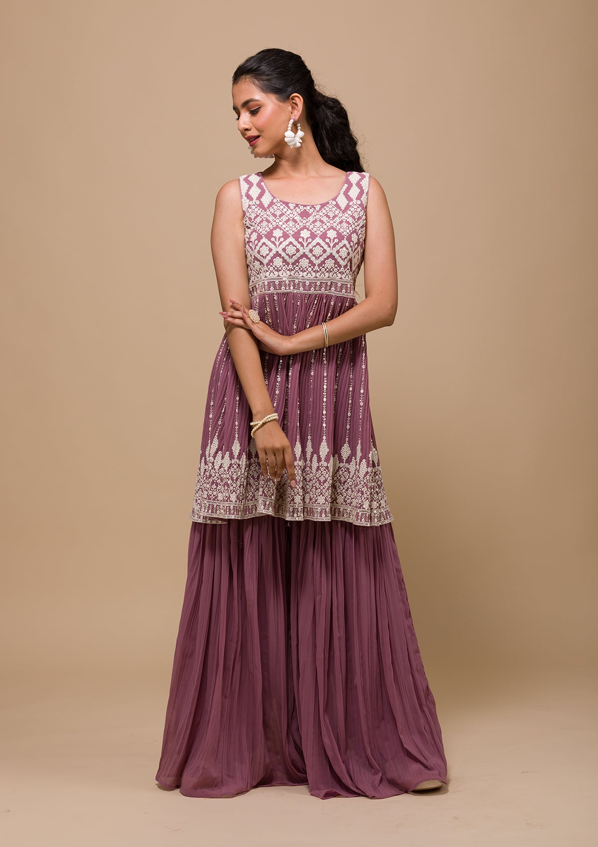 Mauve Threadwork Georgette Readymade Salwar Suit-Koskii