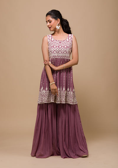 Mauve Threadwork Georgette Readymade Salwar Suit-Koskii