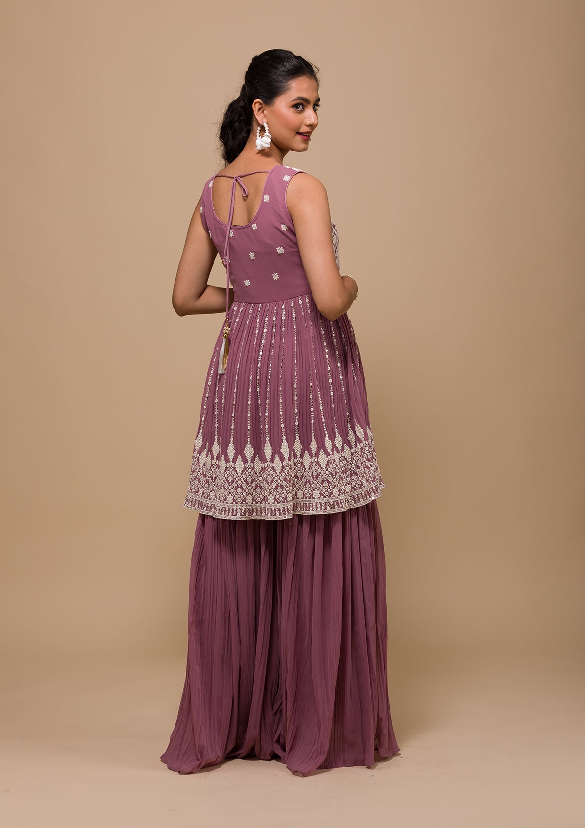 Mauve Threadwork Georgette Readymade Salwar Suit-Koskii