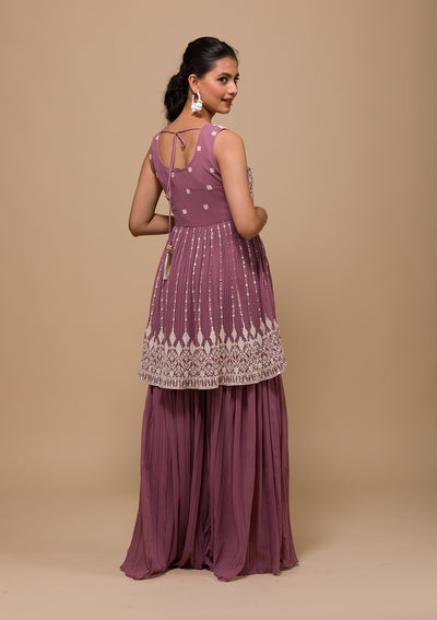 Mauve Threadwork Georgette Readymade Salwar Suit-Koskii