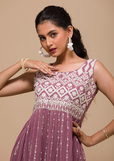 Mauve Threadwork Georgette Readymade Salwar Suit-Koskii