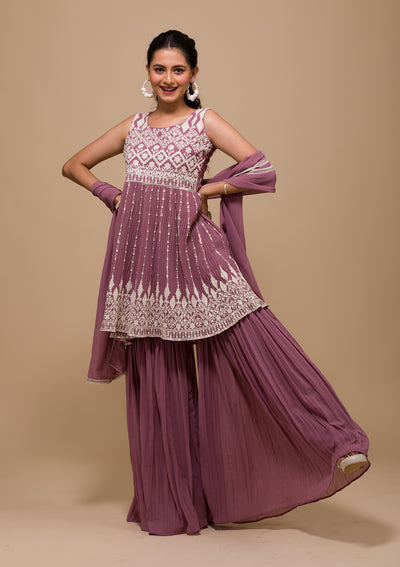 Mauve Threadwork Georgette Readymade Salwar Suit-Koskii
