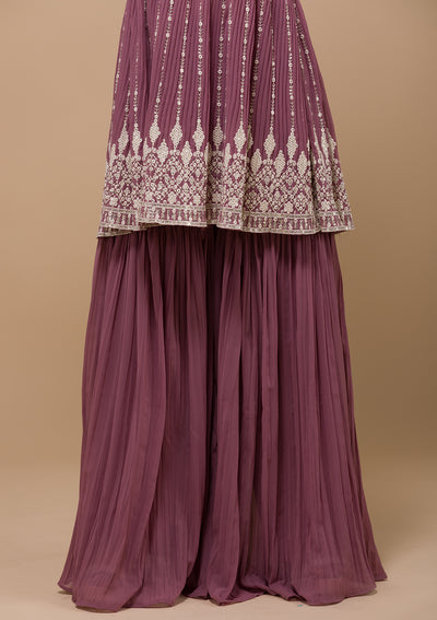 Mauve Threadwork Georgette Readymade Salwar Suit-Koskii