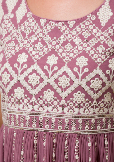 Mauve Threadwork Georgette Readymade Salwar Suit-Koskii