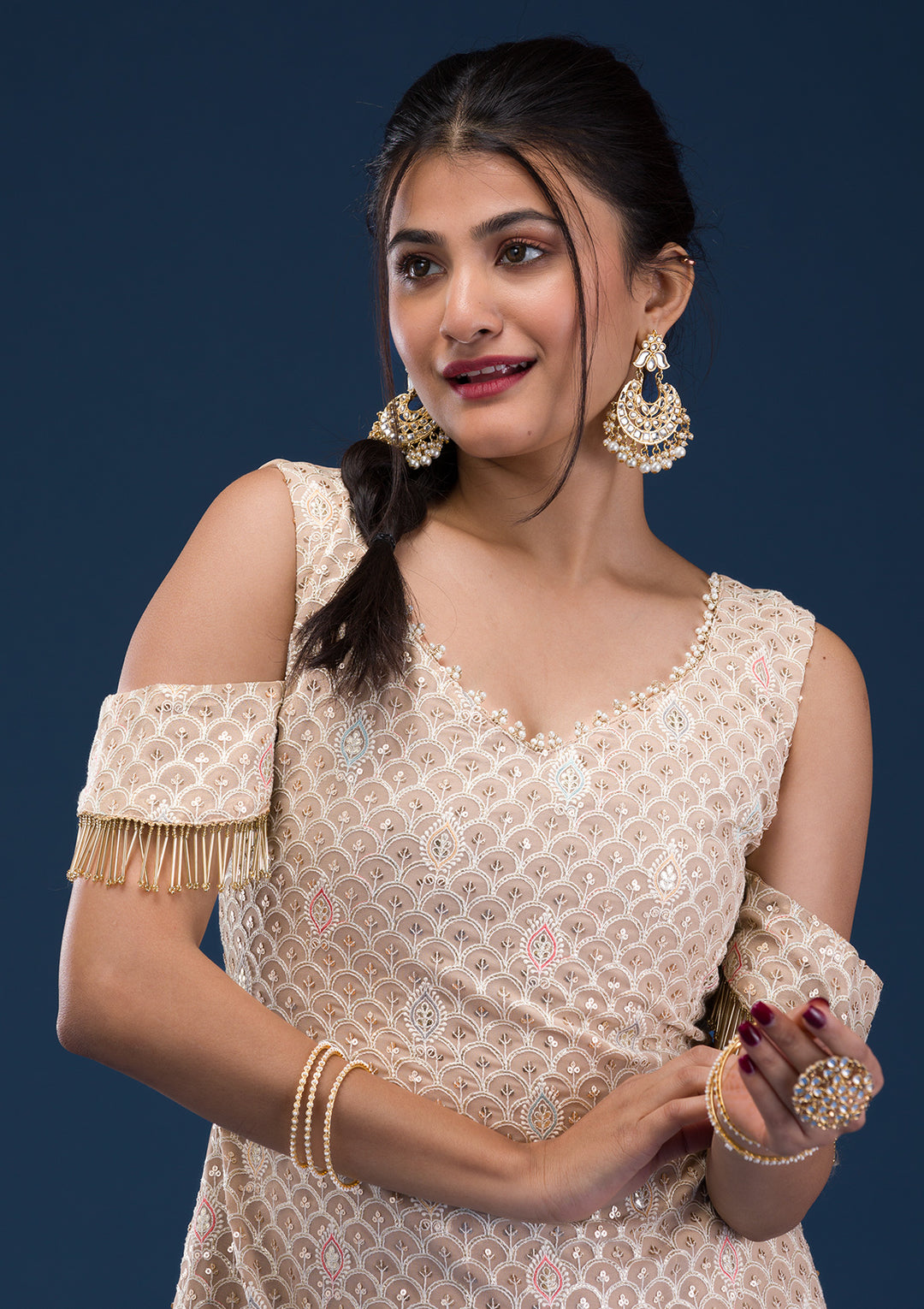 Mauve Threadwork Georgette Readymade Salwar Suit