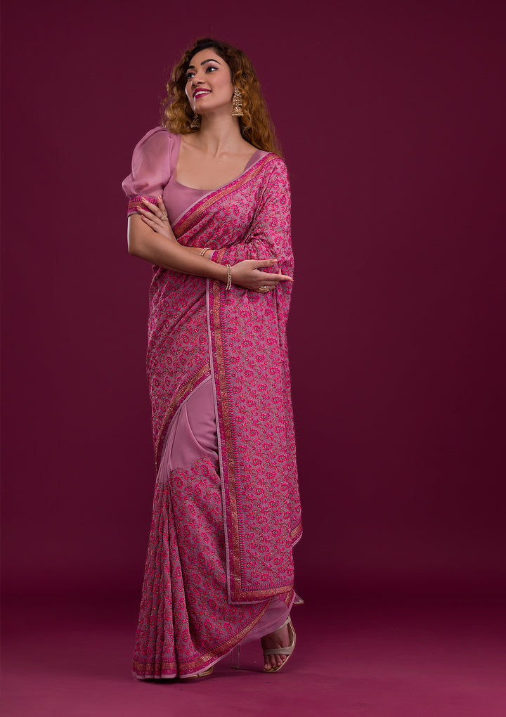 Mauve Threadwork Georgette Saree