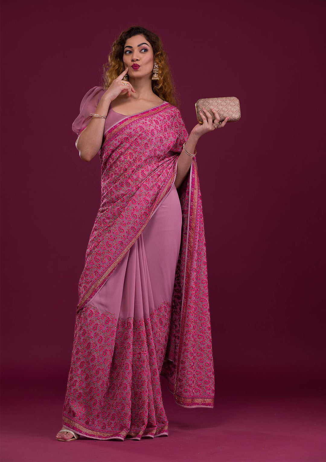 Mauve Threadwork Georgette Saree-Koskii