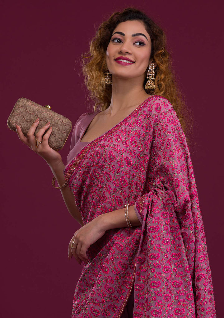 Mauve Threadwork Georgette Saree
