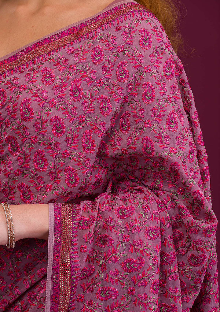 Mauve Threadwork Georgette Saree