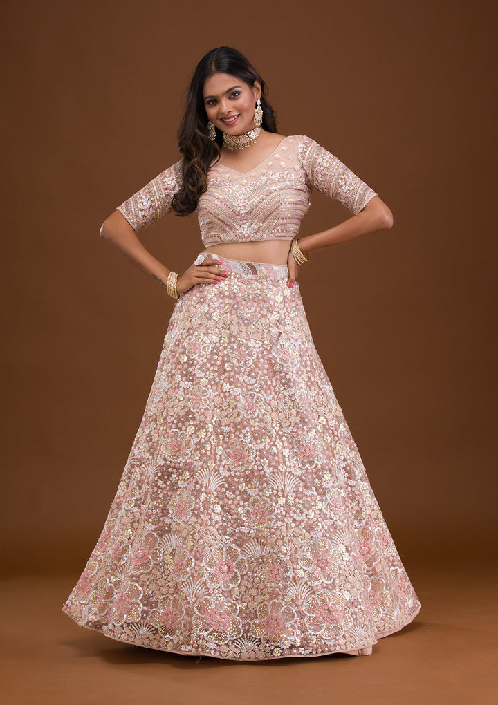 Mauve Threadwork Net Semi Stitched Lehenga