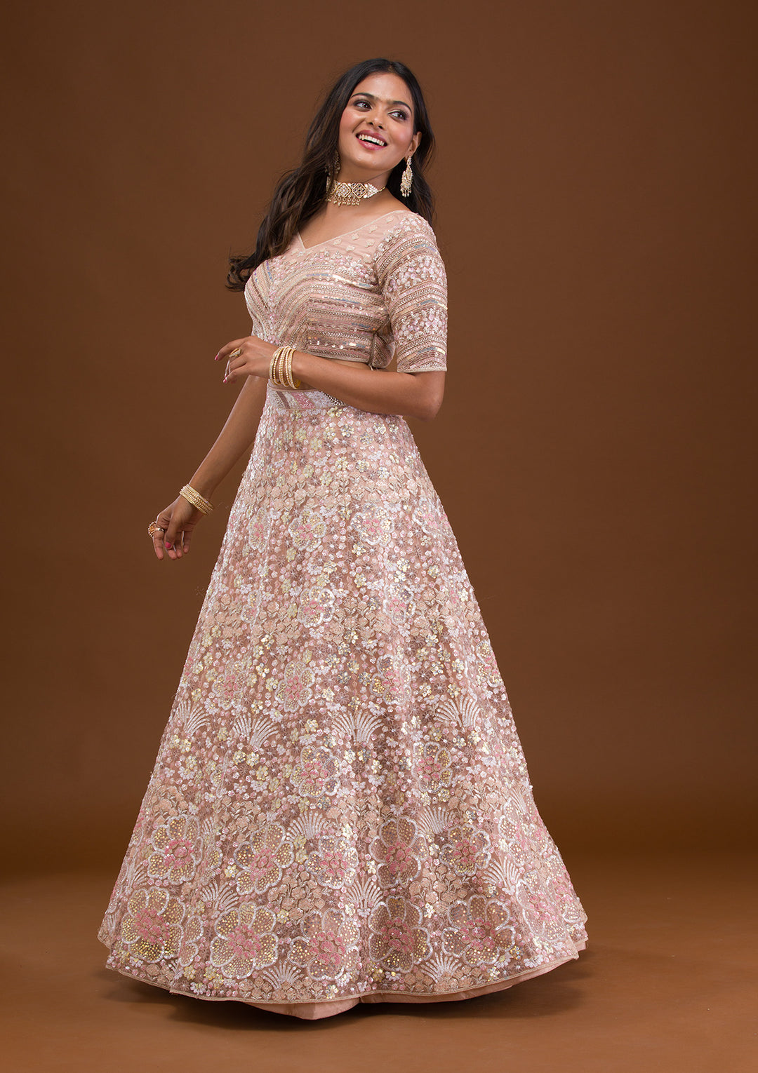 Mauve Threadwork Net Semi Stitched Lehenga