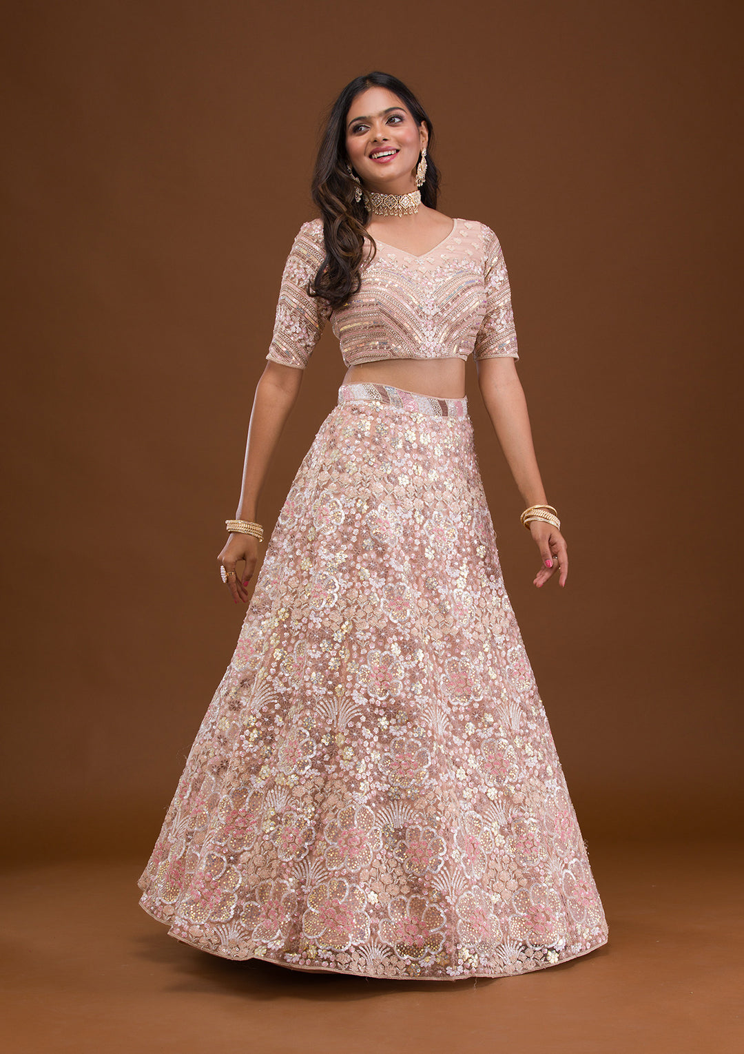 Mauve Threadwork Net Semi Stitched Lehenga