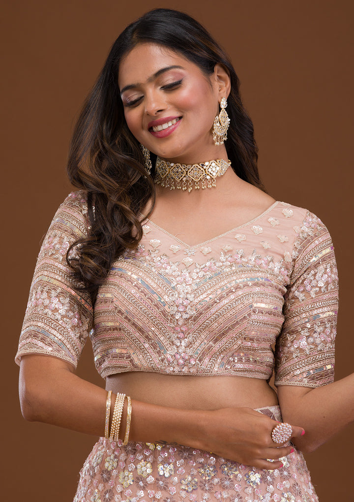 Mauve Threadwork Net Semi Stitched Lehenga