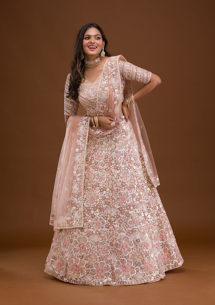 Mauve Threadwork Net Semi Stitched Lehenga