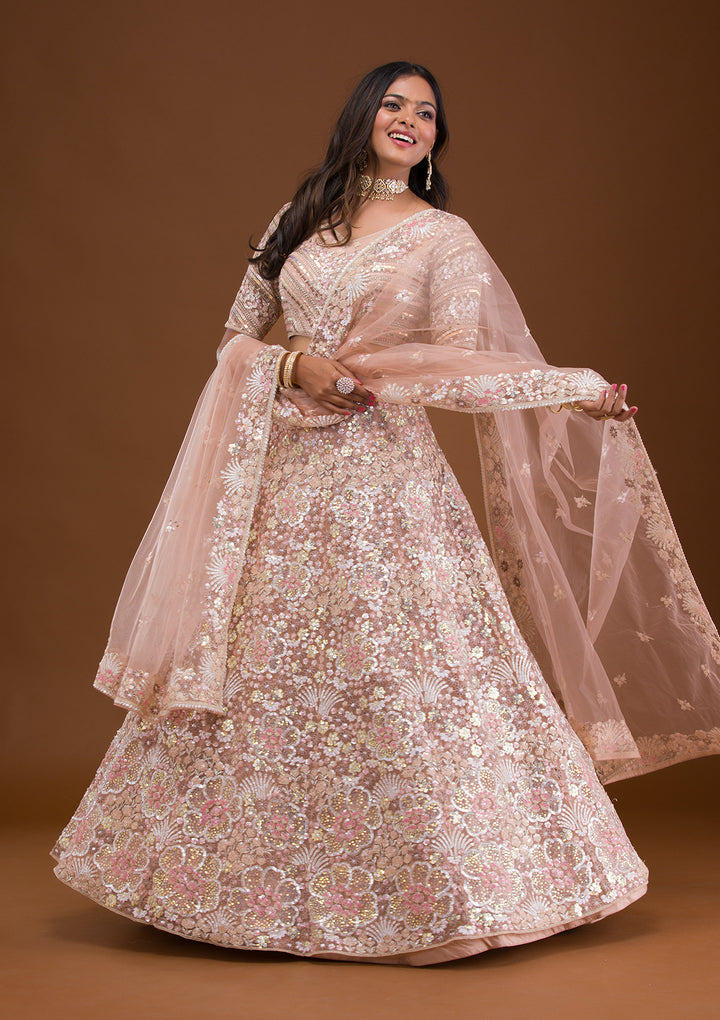 Mauve Threadwork Net Semi Stitched Lehenga