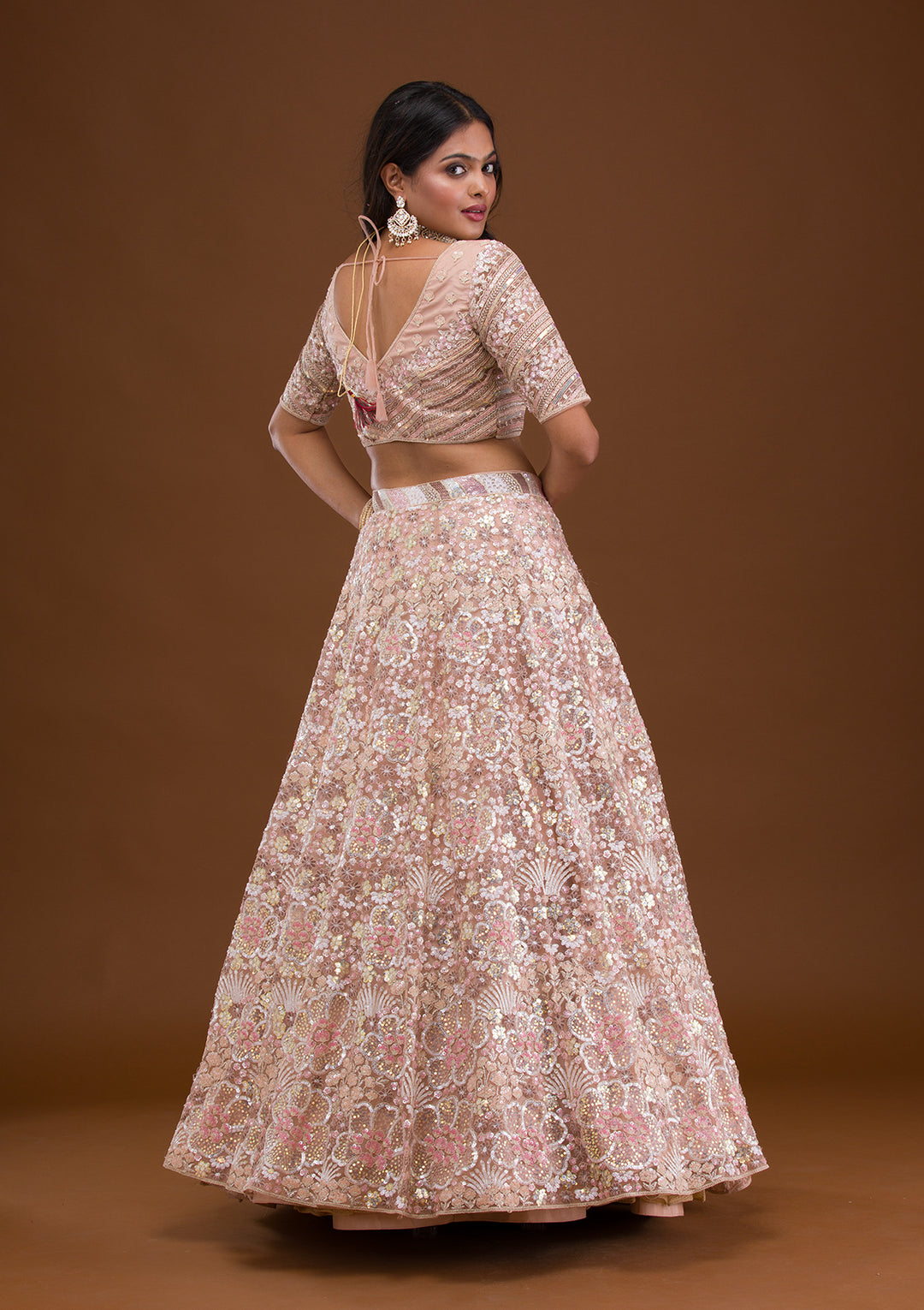 Mauve Threadwork Net Semi Stitched Lehenga