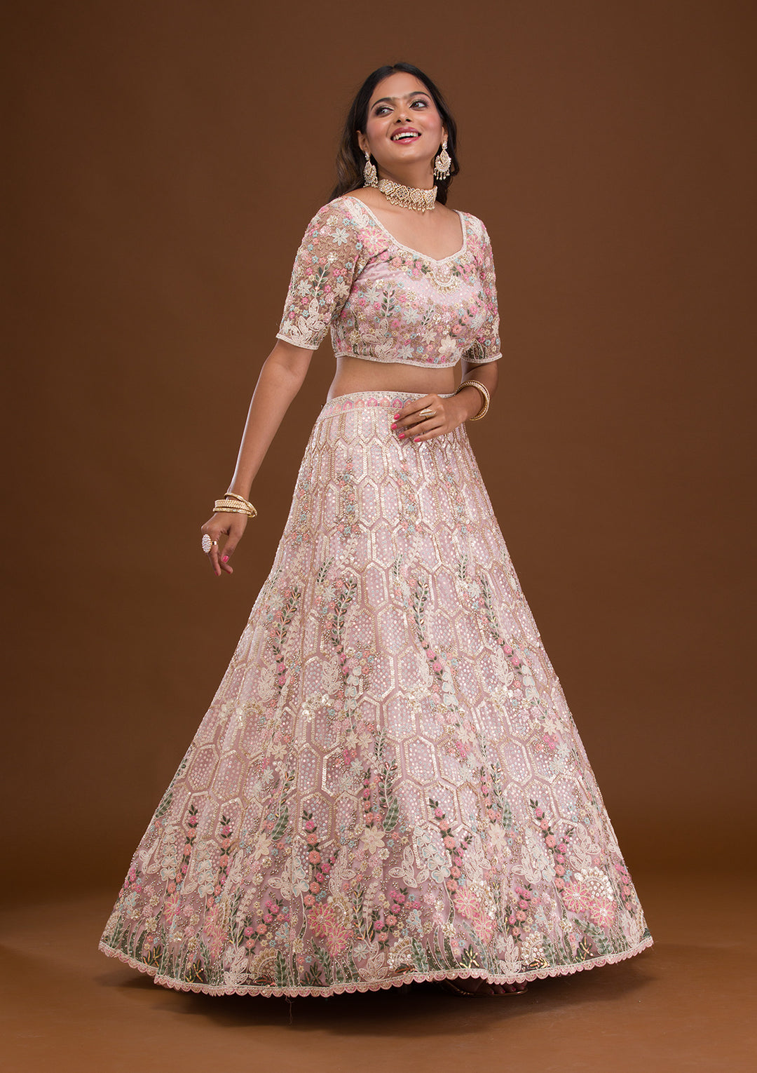 Mauve Threadwork Net Semi Stitched Lehenga