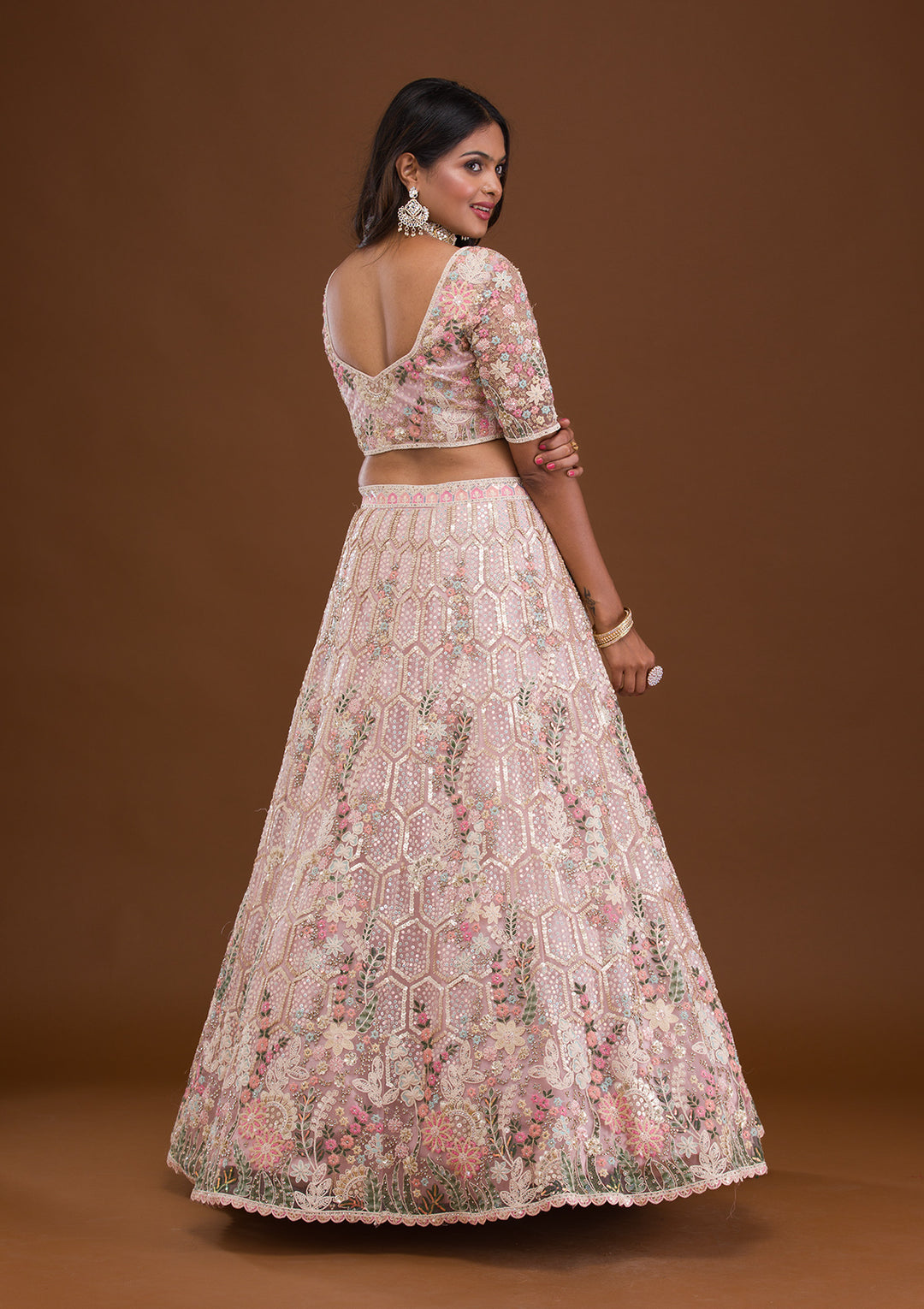 Mauve Threadwork Net Semi Stitched Lehenga