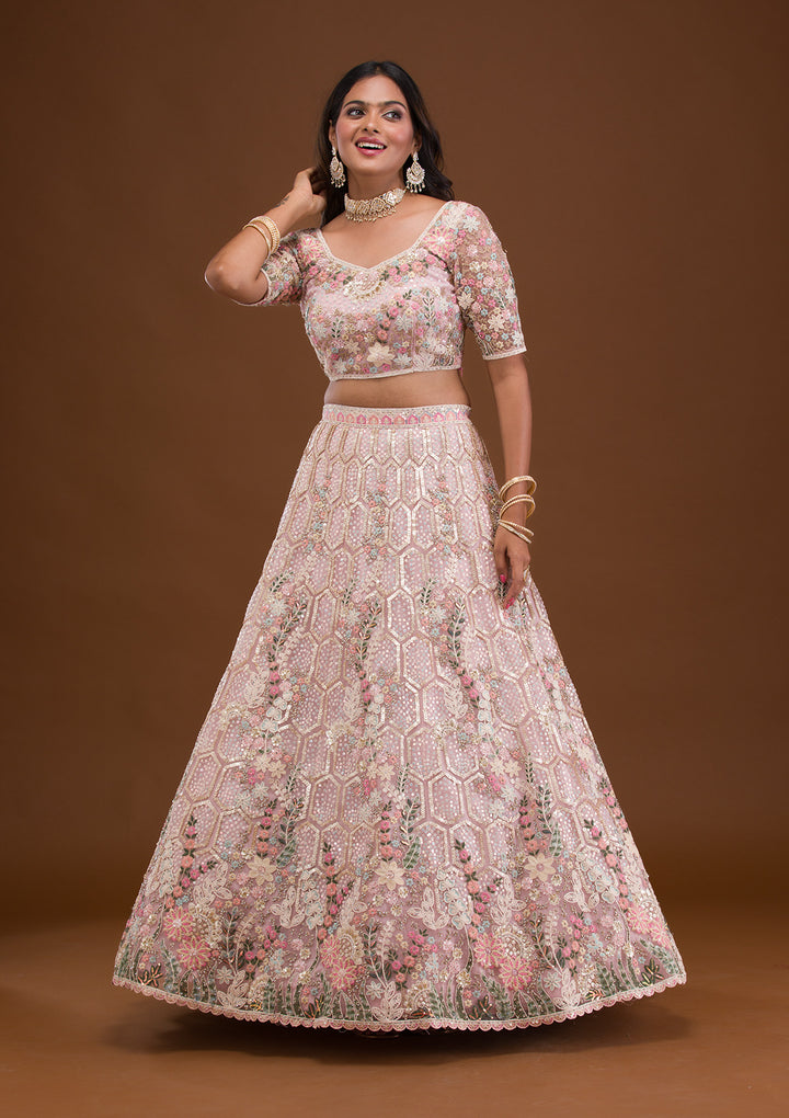 Mauve Threadwork Net Semi Stitched Lehenga