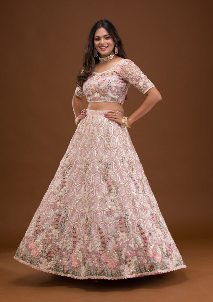 Mauve Threadwork Net Semi Stitched Lehenga