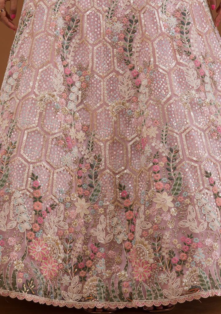Mauve Threadwork Net Semi Stitched Lehenga