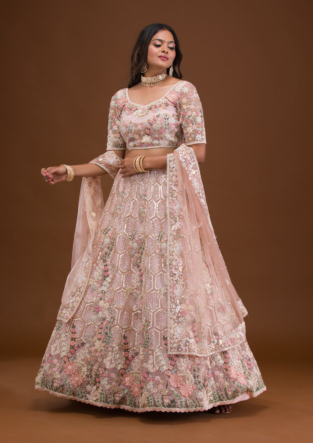 Mauve Threadwork Net Semi Stitched Lehenga