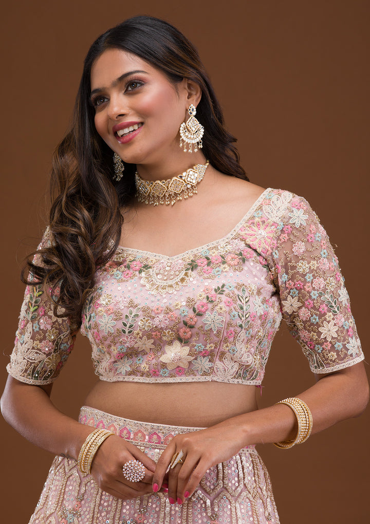 Mauve Threadwork Net Semi Stitched Lehenga