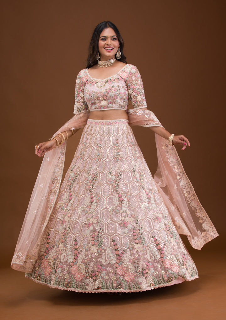 Mauve Threadwork Net Semi Stitched Lehenga