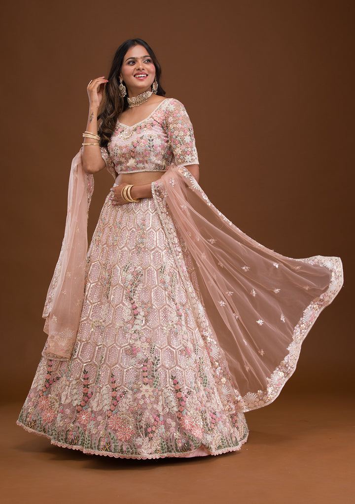 Mauve Threadwork Net Semi Stitched Lehenga