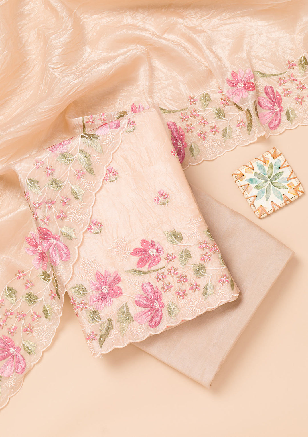 Beige Threadwork Organza Unstitched Salwar Suit