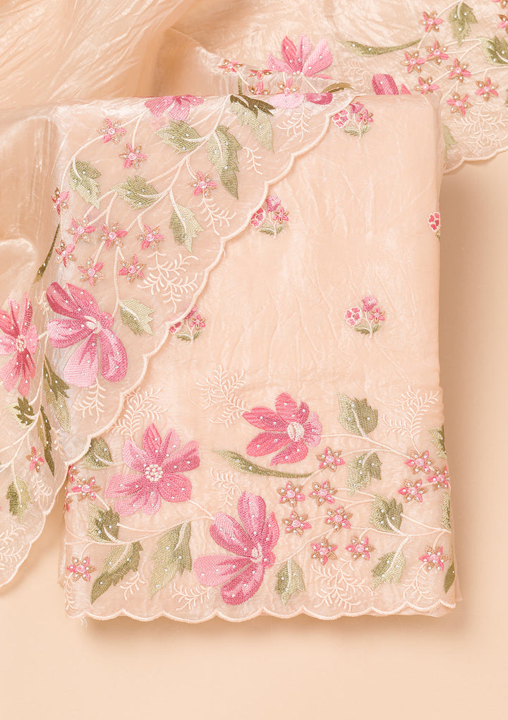 Beige Threadwork Organza Unstitched Salwar Suit