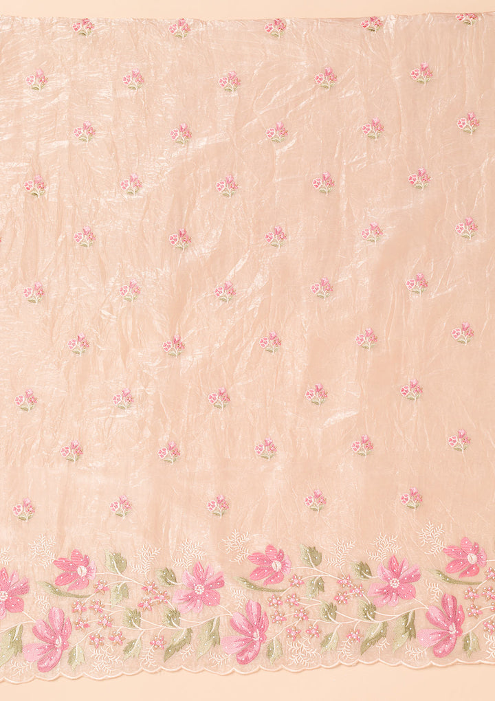 Beige Threadwork Organza Unstitched Salwar Suit