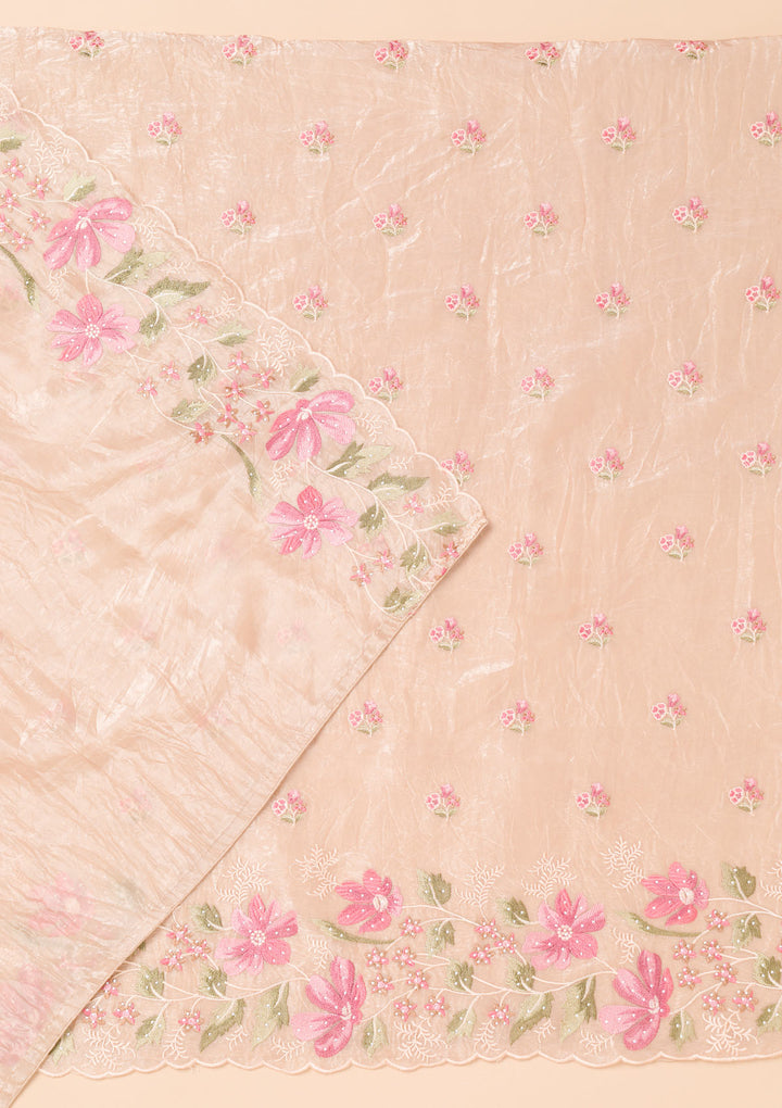 Beige Threadwork Organza Unstitched Salwar Suit