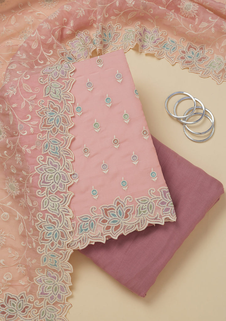 Pink Threadwork Organza Unstitched Salwar Suit