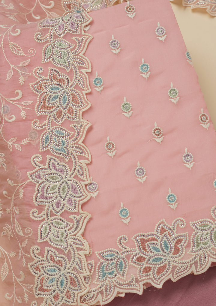 Pink Threadwork Organza Unstitched Salwar Suit