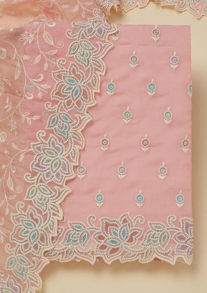 Pink Threadwork Organza Unstitched Salwar Suit