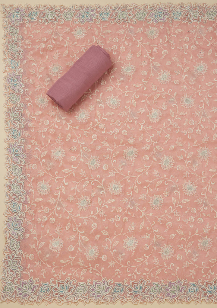 Pink Threadwork Organza Unstitched Salwar Suit