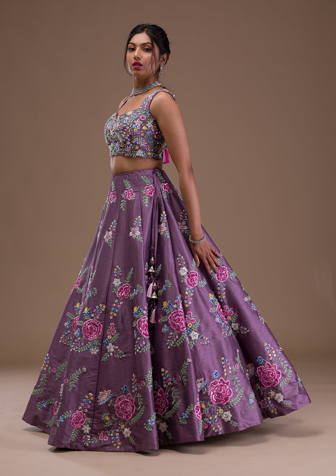 Mauve Threadwork Raw Silk Readymade Lehenga