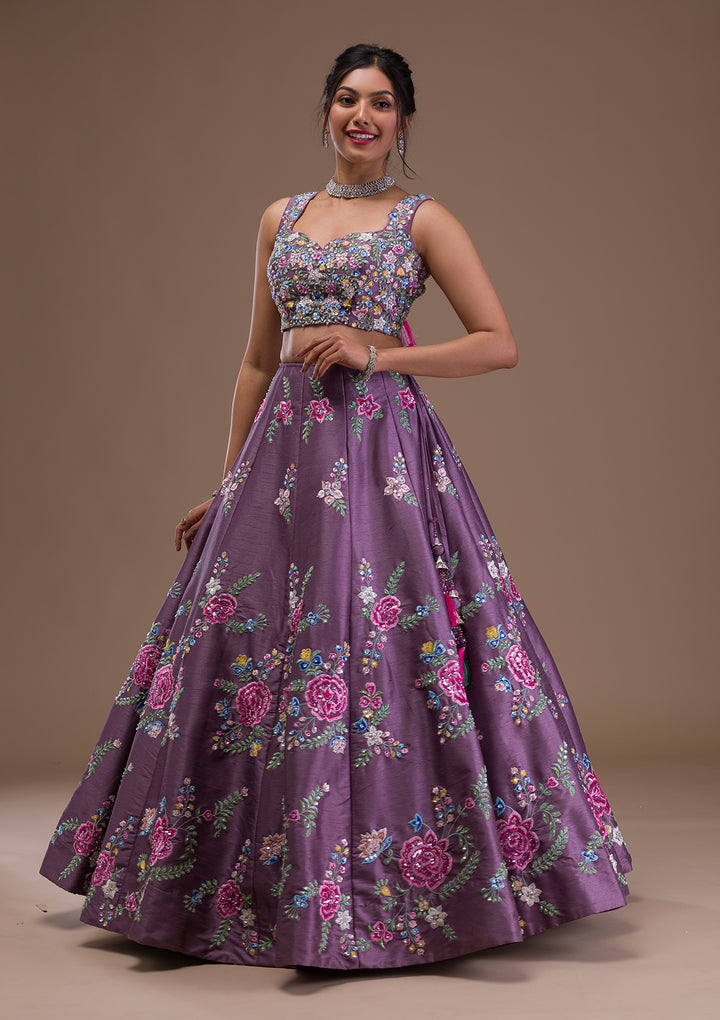Mauve Threadwork Raw Silk Readymade Lehenga