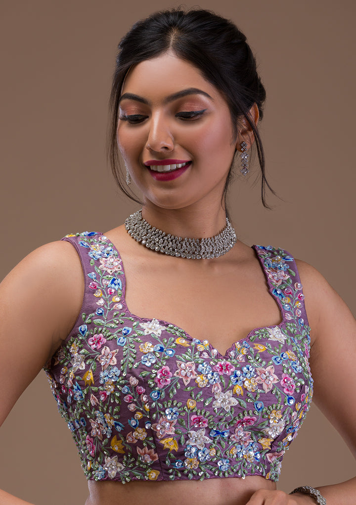 Mauve Threadwork Raw Silk Readymade Lehenga