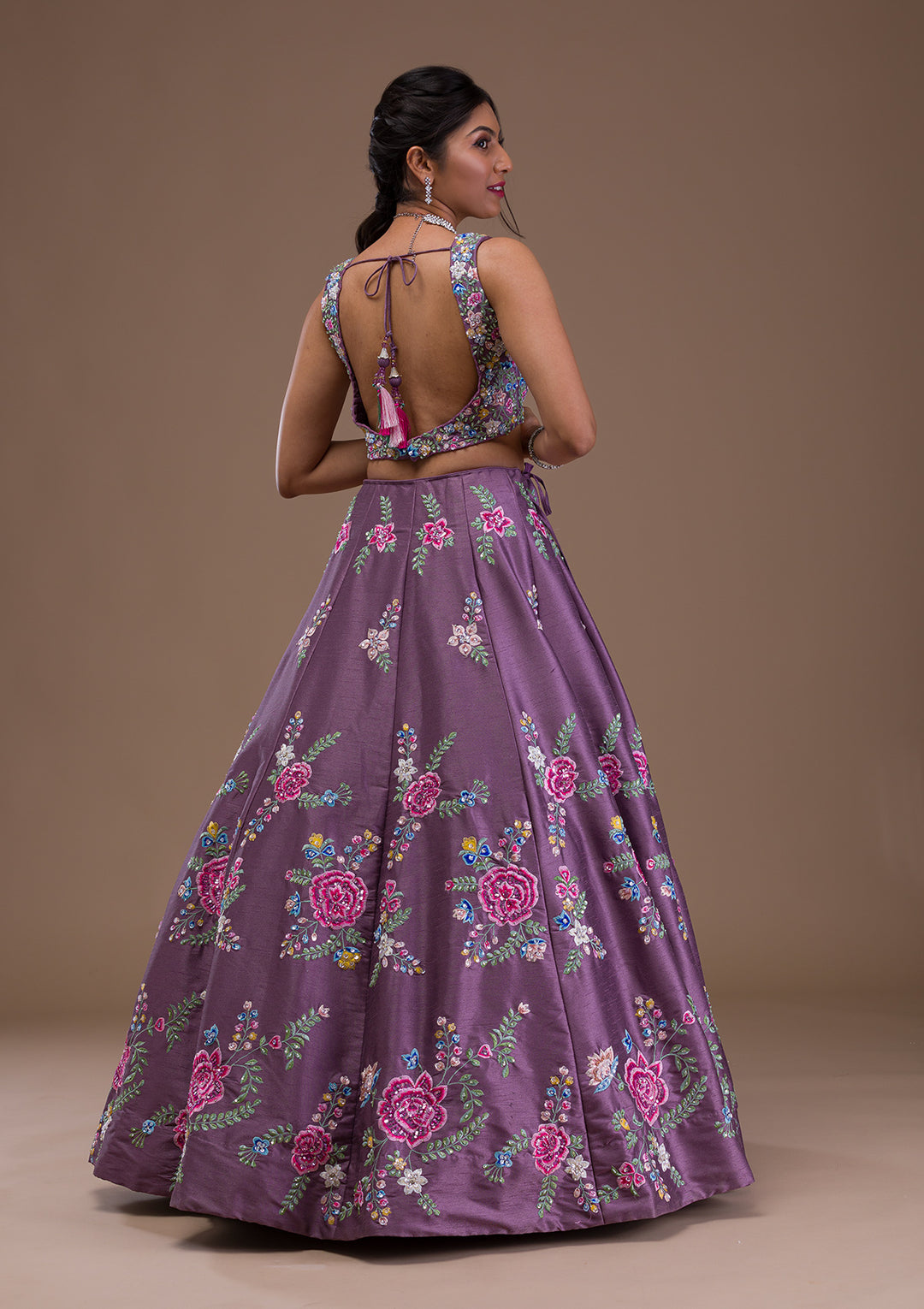 Mauve Threadwork Raw Silk Readymade Lehenga