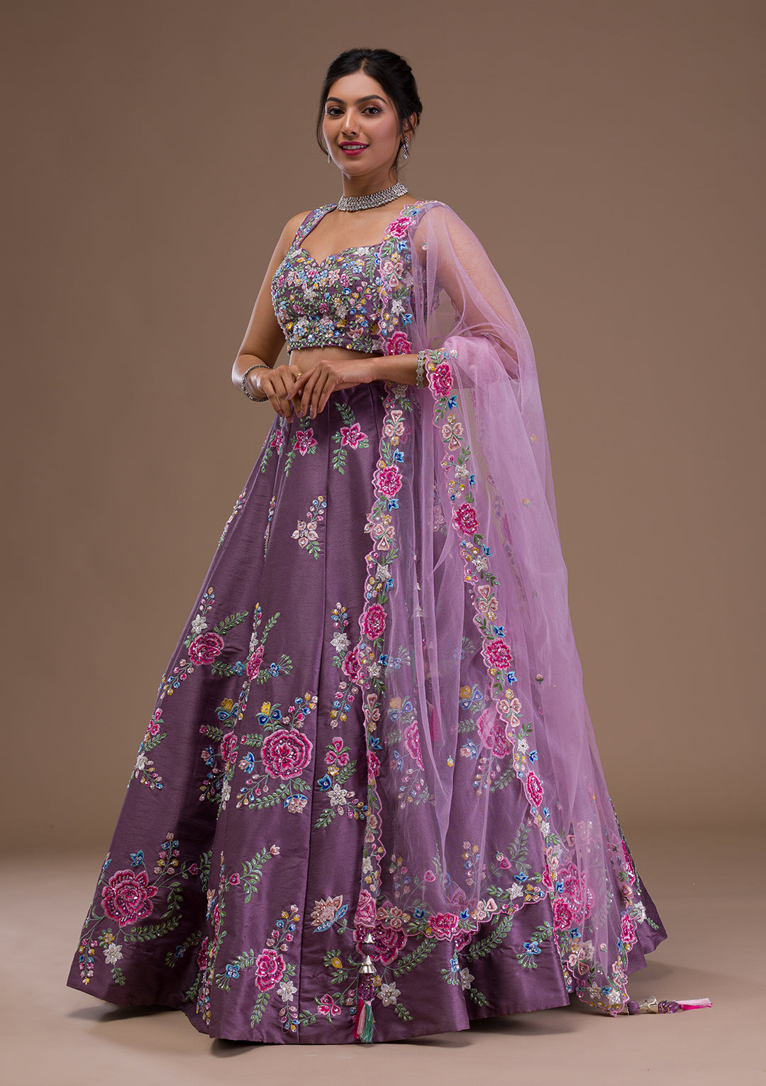 Mauve Threadwork Raw Silk Readymade Lehenga