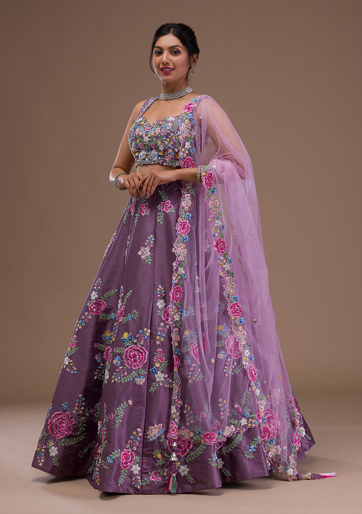 Mauve Threadwork Raw Silk Readymade Lehenga