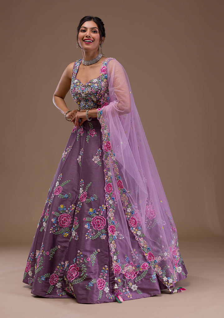 Mauve Threadwork Raw Silk Readymade Lehenga