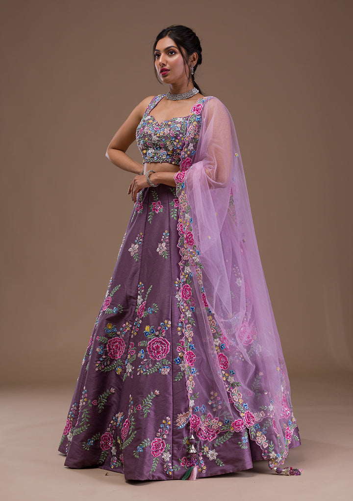 Mauve Threadwork Raw Silk Readymade Lehenga